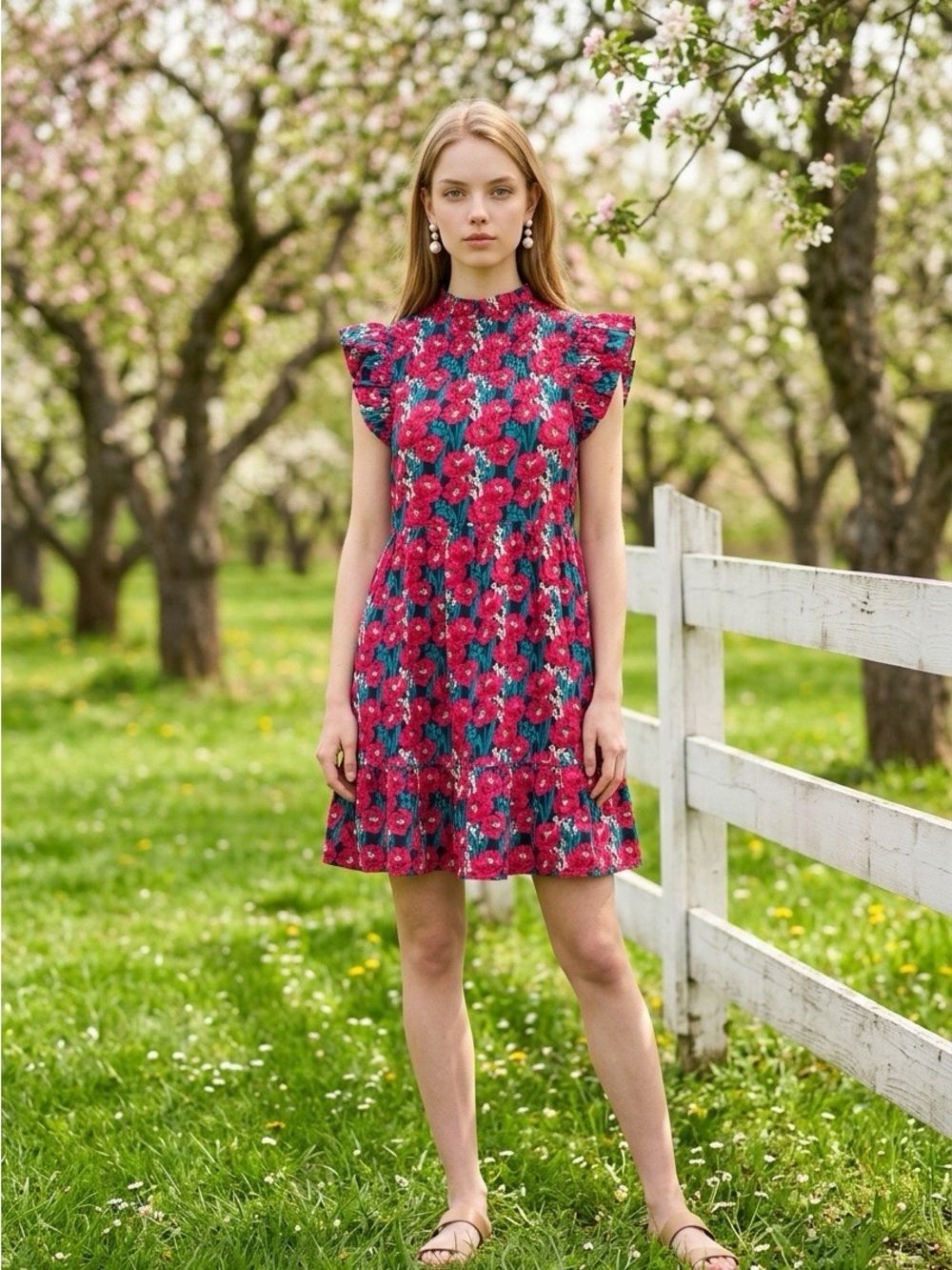 Red Floral Ruffle Sleeve Mini Dress